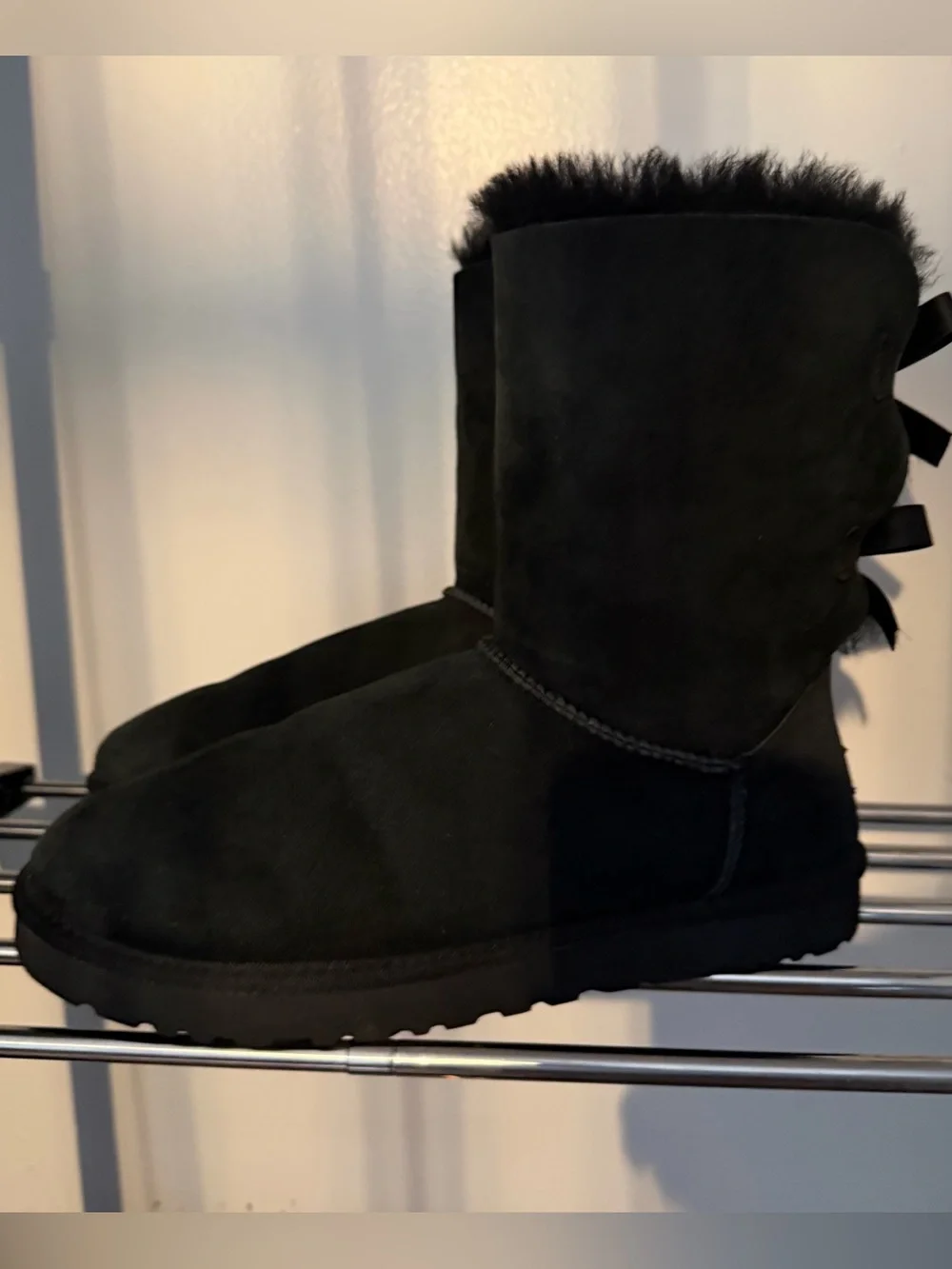 UGG Black Short Shearling Boots with Back Bow Detail